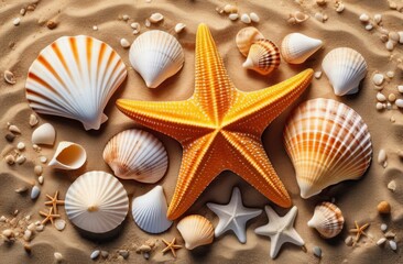Fototapeta na wymiar seashells and starfish on the sand
