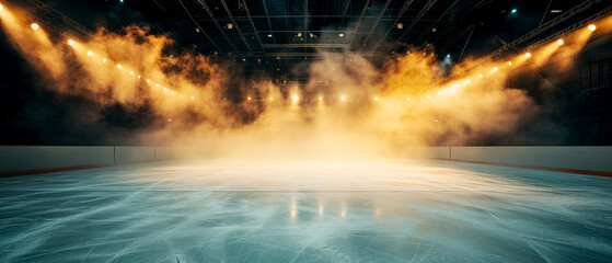 Obraz premium Ice Rink Background. Professional Arena illuminated lights, yellow spotlights with smoke. Copyspace. Winter poster for hockey competitions. Ice skating. Stadium. Generative ai 