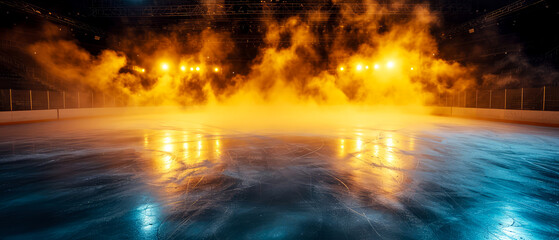 Ice Rink Background. Professional Arena illuminated lights, yellow spotlights with smoke. Copyspace. Winter poster for hockey competitions. Ice skating. Stadium. Generative ai	