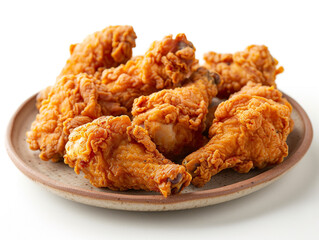 Fried crispy chicken on a plate isolated on white background.