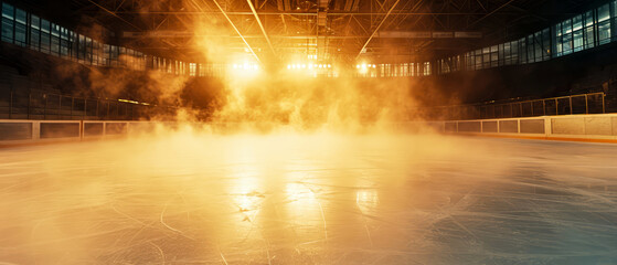 Ice Rink Background. Professional Arena illuminated lights, yellow spotlights with smoke. Copyspace. Winter poster for hockey competitions. Ice skating. Stadium. Generative ai	 - obrazy, fototapety, plakaty