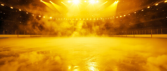 Ice Rink Background. Professional Arena illuminated lights, yellow spotlights with smoke. Copyspace. Winter poster for hockey competitions. Ice skating. Stadium. Generative ai	
