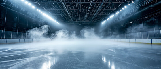 Fototapeta na wymiar Blue Ice Rink Background. Professional Arena illuminated neon lights, spotlights with smoke. Copyspace. Winter poster for hockey competitions. Ice skating. Stadium. Generative ai 