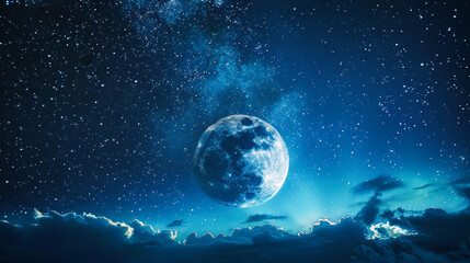 Naklejka na ściany i meble Night sky with clouds, moon and stars