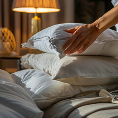 Fototapeta na wymiar Close-Up of a Maid's Hands Arranging Pillows on a Bed, Hotel Room Service and Housekeeping, Attention to Detail, Luxury Bedding and Comfort Concept