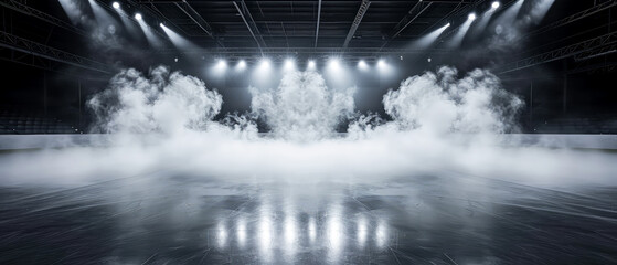  Ice Rink Background. Professional Arena illuminated neon lights, spotlights with smoke. Copyspace. Winter poster for hockey competitions. Ice skating. Stadium. Generative ai	