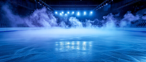 Blue Ice Rink Background. Professional Arena illuminated neon lights, spotlights with smoke. Copyspace. Winter poster for hockey competitions. Ice skating. Stadium. Generative ai	