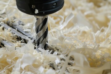 drill bit closeup with plastic shavings from synthetic material