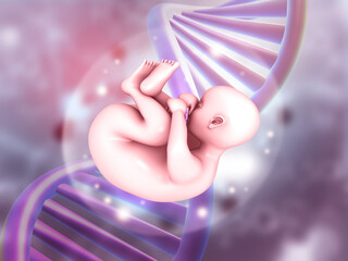 Human fetus with DNA strand on scientific background. 3d illustration.