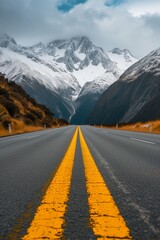 Beautiful view of the scenic highway with the American Rocky Mountain landscape in the background. vertical photo - obrazy, fototapety, plakaty