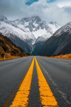 Beautiful view of the scenic highway with the American Rocky Mountain landscape in the background. vertical photo