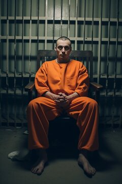 prisoner in orange jumpsuit sitting in prison
