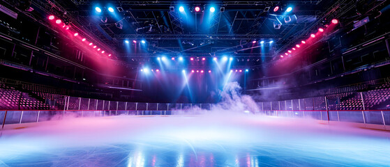 Fototapeta na wymiar Purple Ice Rink Background. Professional Arena illuminated neon lights, spotlights with smoke. Copyspace. Winter poster for hockey competitions. Ice skating. Stadium. Generative ai 