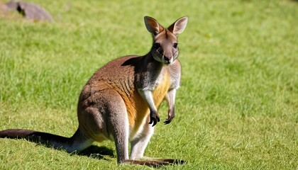 Naklejka na ściany i meble Adult wallaby in grass, an Australian marsupial similar to a kangaroo but very much smaller