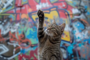 cat doing a paw stand in a hiphop dance move on urban graffiti background