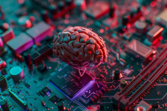 AI Brain Chip app icon. Artificial Intelligence mbe mind vr axon. Semiconductor neon peach circuit board glioma