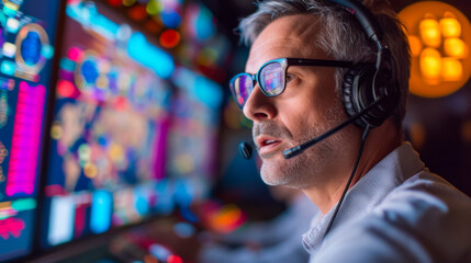 free space for title banner with an engineer with headset in a launch control room, staring at screens a launch that about to happen, stress is palpable