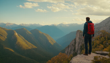 A man stands on the edge of a cliff overlooking a mountain valley - obrazy, fototapety, plakaty