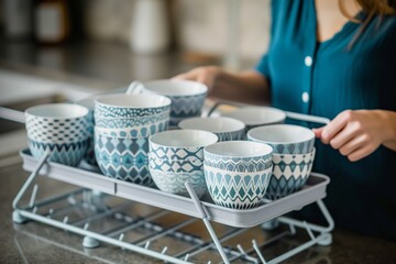 woman organizing patterned bowls in a collapsible dish rack - obrazy, fototapety, plakaty