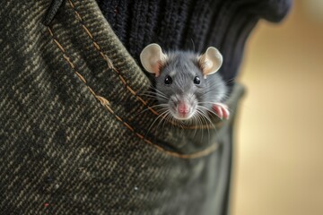 playful domestic rat peeking out of a persons coat pocket