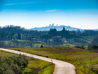 Itala, Toscana, campagna di Certaldo e veduta di San Gimignano - 741360386