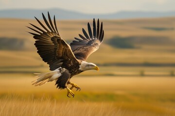 eagle swooping down towards the grasslands with claws outstretched - obrazy, fototapety, plakaty