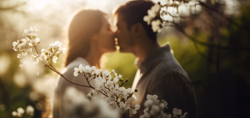 Blurry silhouette of a young loving couple of man and woman standing close together under a blooming cherry tree at daylight. Many white blossoms around in the sunlight. - 741360747