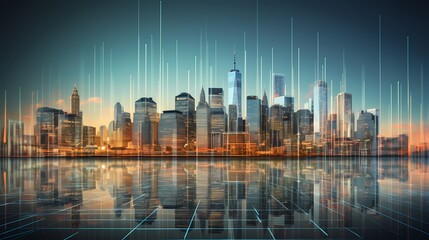 A panoramic shot of a financial district skyline with overlaid transparent stock graphs depicting market movements. - obrazy, fototapety, plakaty
