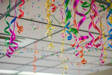 party streamers cascading from ceiling tiles