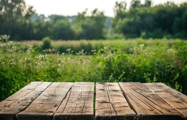 Empty wooden table and blurred green grass field background