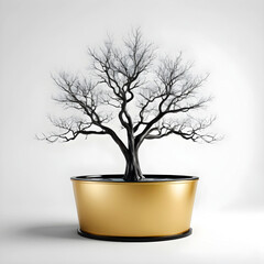 Tree tub decoration nice home interior tree in golden bucket big tub room decoration leafless plant on white backdrop 