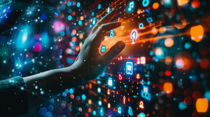 A conceptual image of a hand touching a digital screen, icons of communication apps and web interfaces floating around, symbolizing the ease of internet connectivity.