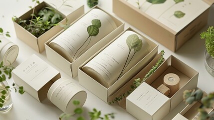 collection of skincare products, elegantly packaged in minimalist beige boxes, each adorned with a fresh green leaf, exuding a sense of natural beauty