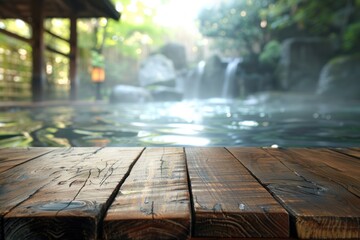 Empty wooden table and blurred onsen bath background  - obrazy, fototapety, plakaty