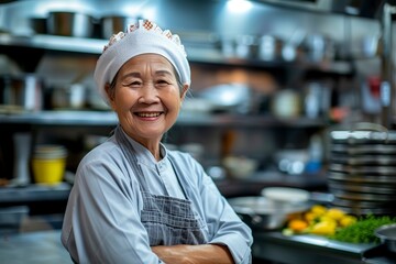 asian female chef in the kitchen standing