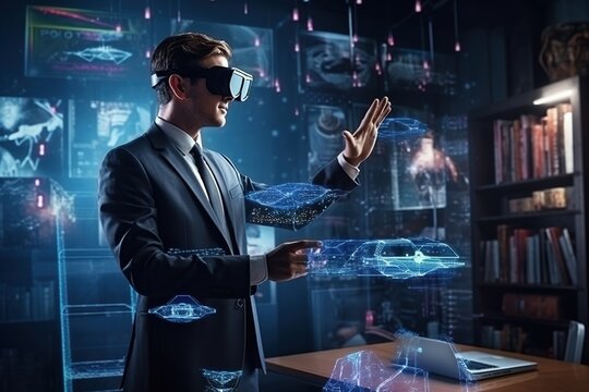 a businessman in a headset at a table, with virtual graphs, with virtual screens, a concept for the development of future technologies - Powered by Adobe