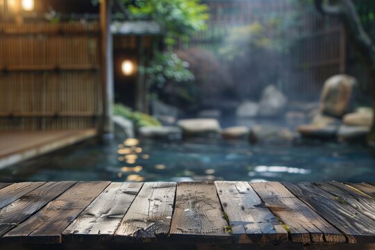 Empty wooden table and blurred onsen bath background 