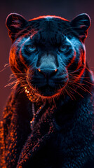 Enigmatic panther in a sleek velvet coat, sporting a diamond-studded collar, against a smoky noir background, illuminated by neon lights, exuding mystery and allure