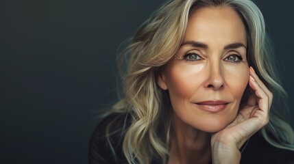 beautiful makeup on a dark gray background, concept of anti-age beauty and women's health, menopause - obrazy, fototapety, plakaty