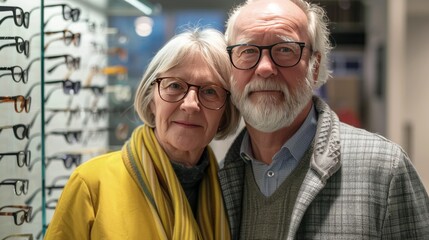cute retired couple wearing glasses in an optical store