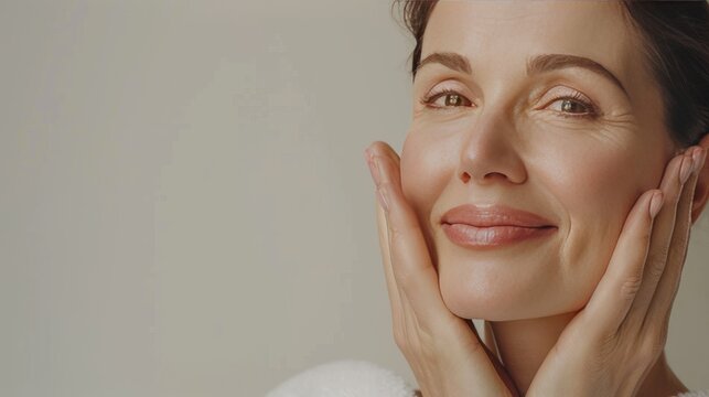 close-up, beautiful woman 50 years old touches her face with healthy skin, concept of natural beauty and anti-aging care