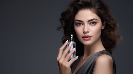 portrait, beautiful young woman holding a glass perfume bottle in her hands on a dark gray background, concept on a perfume theme, copy space