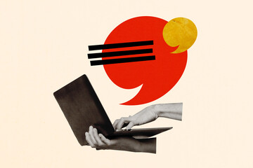 Sketch artwork trend composite image 3d collage photo of huge hands hold laptop virtual user blogger create post type social media message communicate get feedback