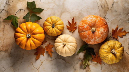 A group of pumpkins with dried autumn leaves and twig, on a orange color marble