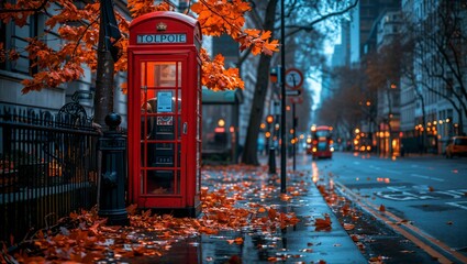 The red phone booth in the middle of urban street - obrazy, fototapety, plakaty