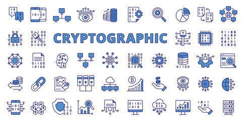 Cryptographic icons in line design, blue. Cryptographic, encryption, security, cryptography, code, business isolated on white background vector. Cryptographic editable stroke icons.