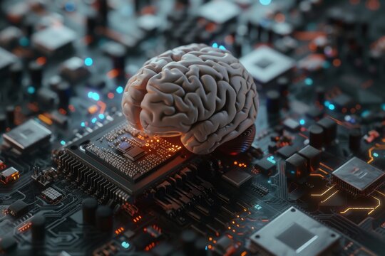 AI Brain Chip nic. Artificial Intelligence mental sharpness mind mouse axon. Semiconductor laser diodes circuit board white matter