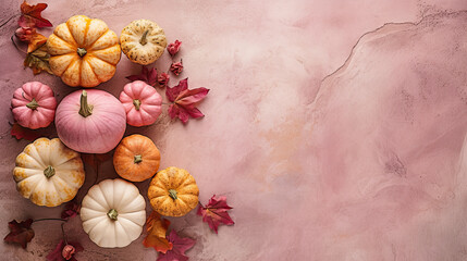 A group of pumpkins with dried autumn leaves and twig, on a pink color marble