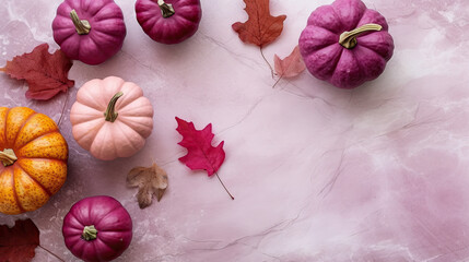 A group of pumpkins with dried autumn leaves and twig, on a magenta color marble