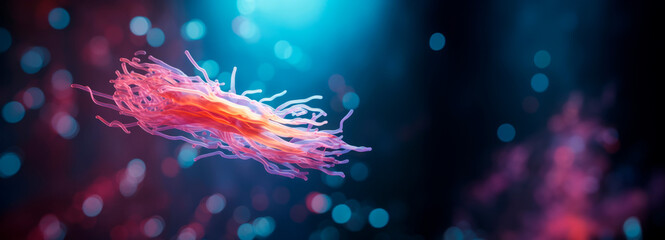 A fiery, elongated bacterium with feathery appendages drifts in a bokeh-filled microscopic landscape, representing a thriving micro-ecosystem. - obrazy, fototapety, plakaty